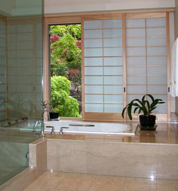 Master bath shoji screens with a wood metal combined tracking system.