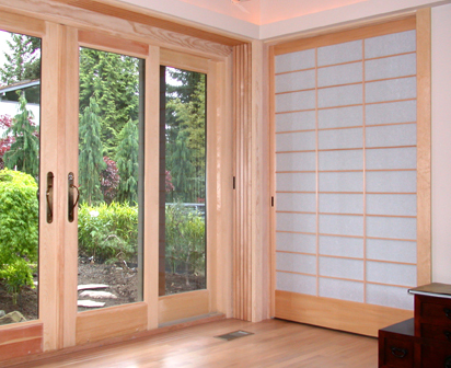The shoji screens nested in their pocket, the adjoining shoji screen is the master bath entrance.