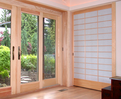 The screens nested in their pocket, the adjoining shoji screen is the master bath entrance.