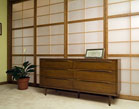 A wall of fixed shoji panels with one sliding door