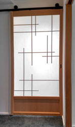 Custom shoji screen. Barn door type install. Modern kumiko pattern.